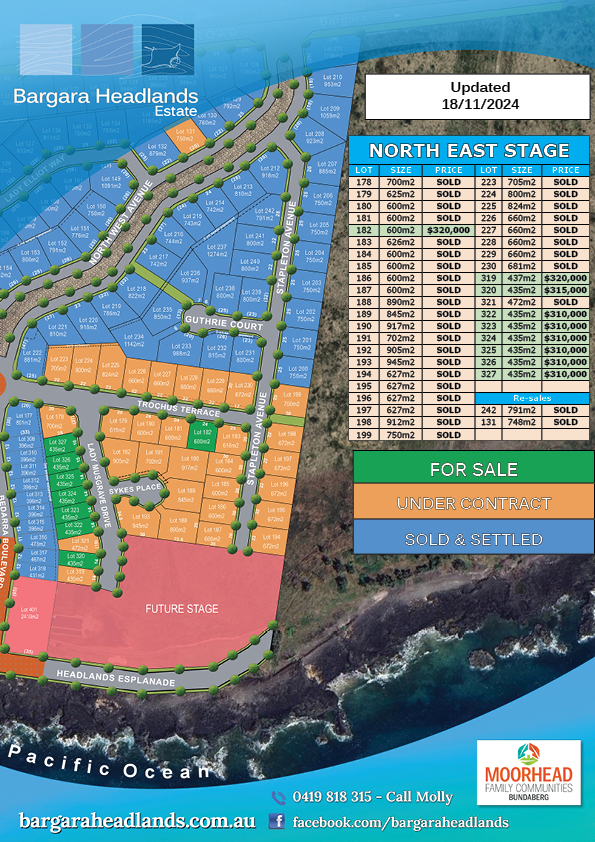 Plan & Price List - Bargara Headlands Estate - 18th November 2024